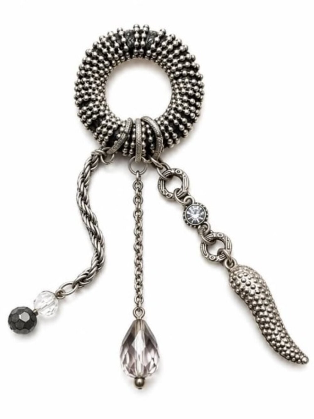 💖 Retro Silver Bead Ring Triple Strand Multi Charm Pendant Costume #126